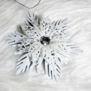White Poinsettia Flower Snowflake 5" Metal Christmas Ornament Rhinestone NWT